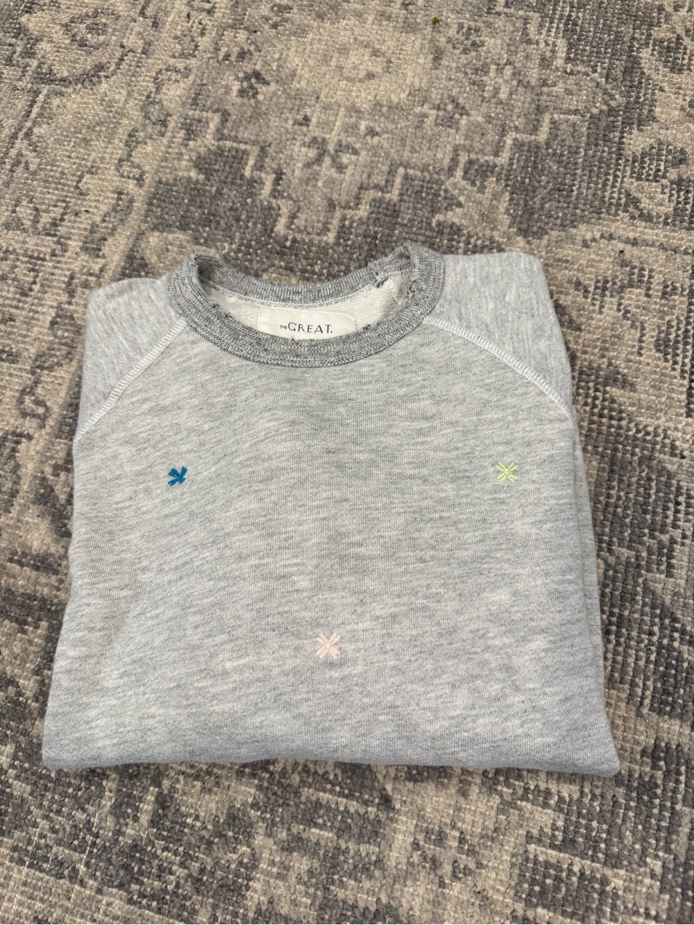 THE GREAT. Women’s Light Heather Gray Crewneck Sweatshirt with Micro Embroidery